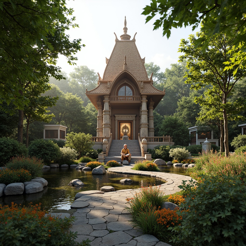 Prompt: Sacred temple, serene natural surroundings, lush greenery, vibrant flowers, winding stone pathways, peaceful water features, tranquil koi ponds, gentle waterfalls, ornate religious statues, intricate carvings, cultural symbolic motifs, harmonious blend of architecture and nature, soft warm lighting, shallow depth of field, 3/4 composition, panoramic view, realistic textures, ambient occlusion.