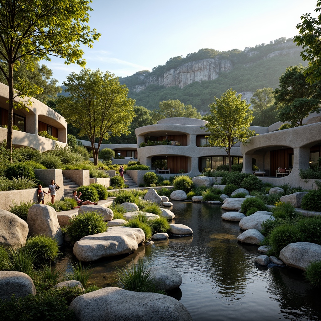 Prompt: Harmonious landscape integration, blending architecture with nature, organic forms, curvaceous lines, natural materials, stone walls, wooden accents, lush green roofs, living walls, native plants, serene water features, gentle streams, small ponds, scenic overlooks, panoramic views, warm sunny day, soft diffused lighting, 1/2 composition, atmospheric perspective, detailed textures, realistic reflections.