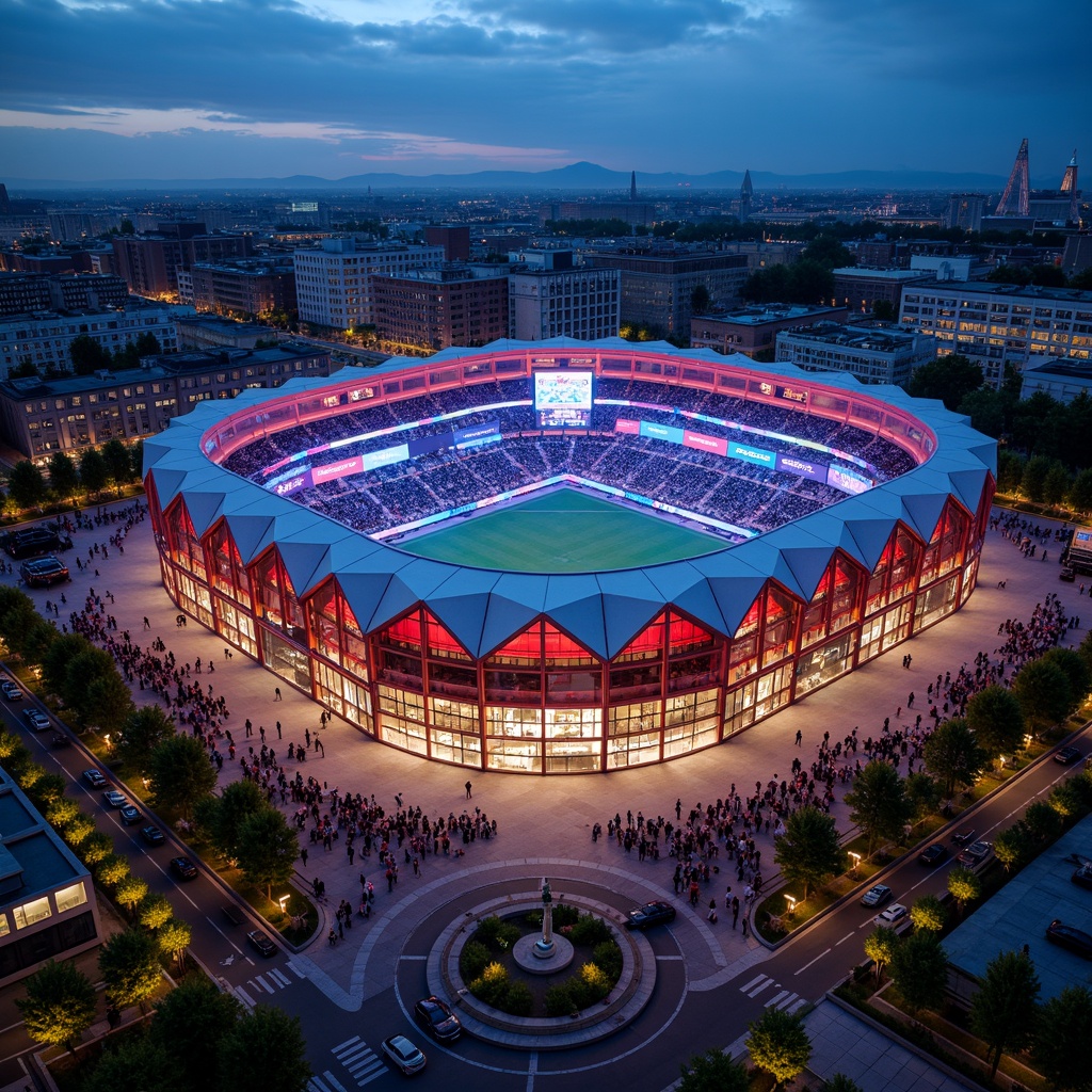 Prompt: Large stadium facade, structuralist architecture, exposed steel beams, angular lines, bold cantilevered roofs, dynamic curvature, futuristic LED lighting, vibrant color schemes, geometric patterns, industrial materials, urban landscape, bustling city streets, crowded event atmosphere, dramatic evening lighting, high-angle photography, 1/2 composition, abstract textures, ambient occlusion.Let me know if you need any adjustments!