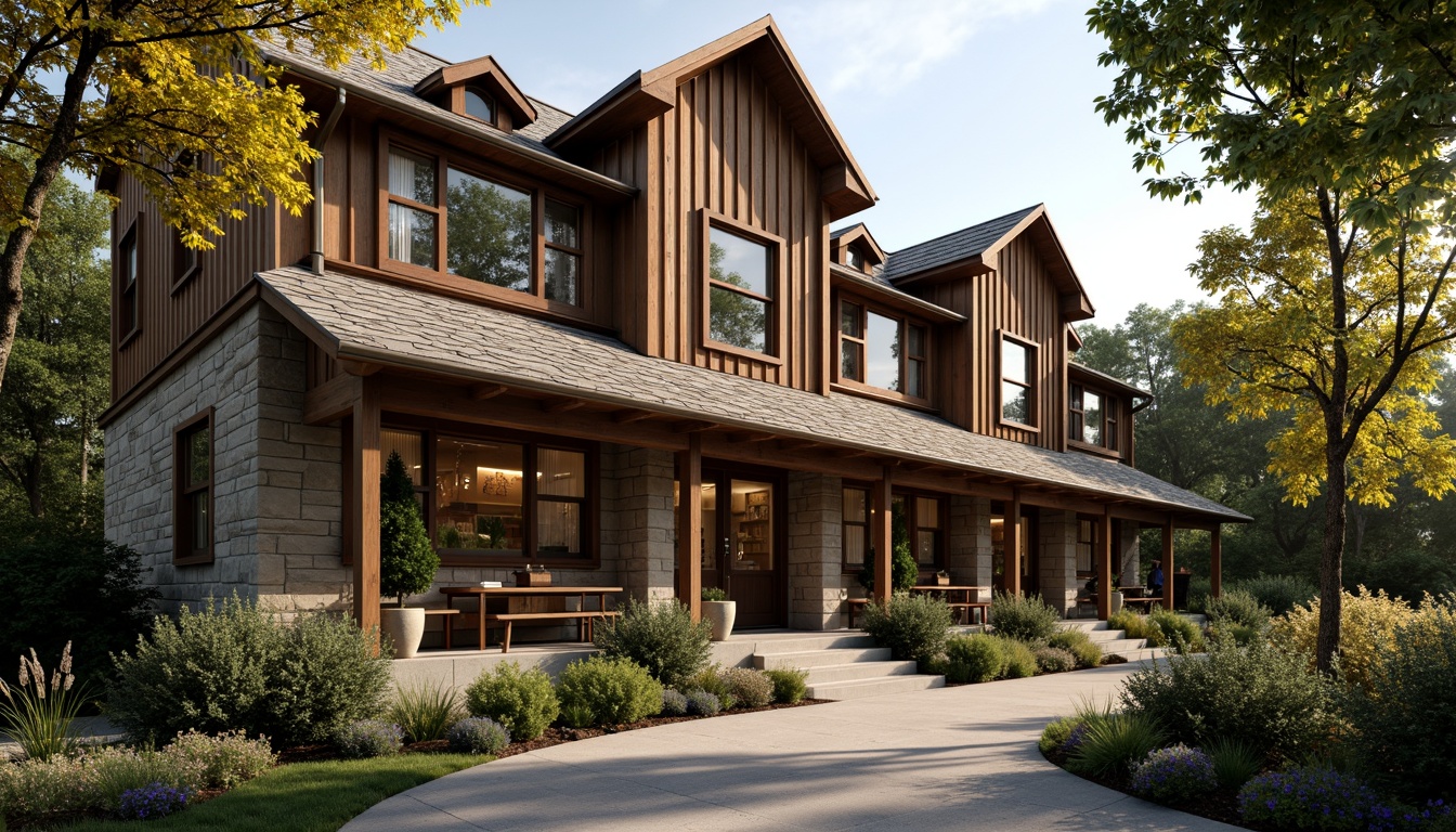 Prompt: Rustic library facade, regionalist architecture, earthy tones, natural stone walls, wooden accents, pitched roofs, dormer windows, ornate trusses, cozy reading nooks, warm lantern lighting, lush greenery, blooming flowers, tranquil atmosphere, soft warm sunlight, shallow depth of field, 3/4 composition, panoramic view, realistic textures, ambient occlusion.