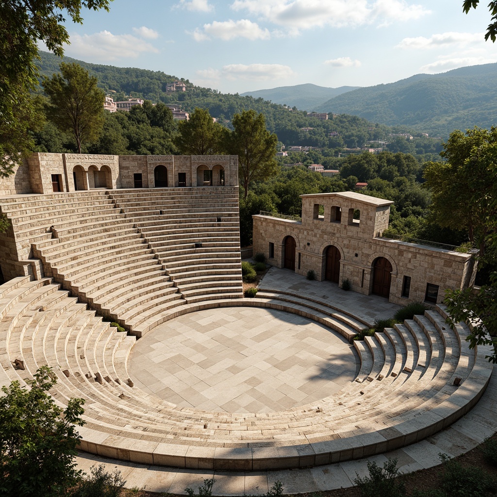 Prompt: Ancient Greek amphitheater, natural stone seats, curved tiered structure, open-air performance space, lush greenery surroundings, Mediterranean landscape, warm sunny day, gentle breeze, natural ventilation systems, clerestory windows, high ceilings, operable skylights, solar shading devices, thermal mass walls, breathable materials, rustic wood accents, earthy color palette, soft diffused lighting, shallow depth of field, 2/3 composition, symmetrical framing.