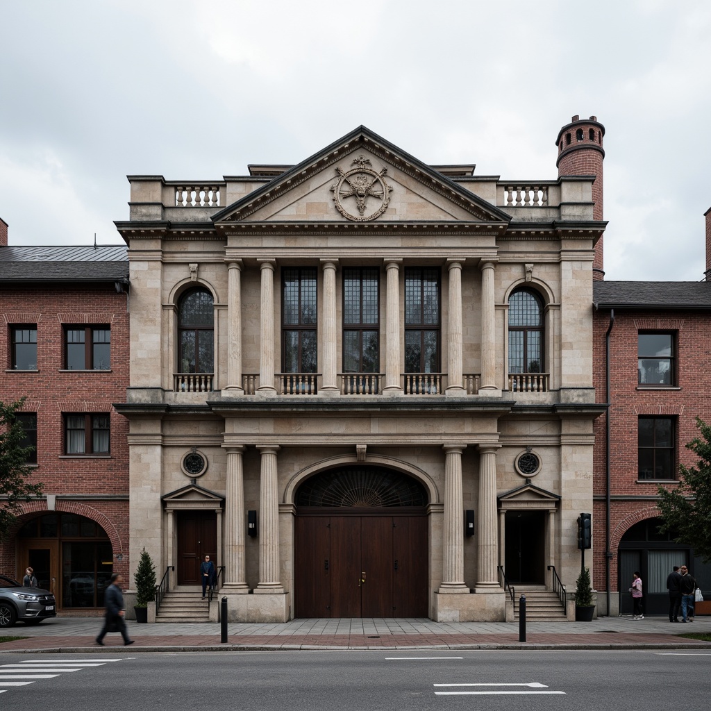 Prompt: Grandiose factory facade, neoclassical columns, ornate stonework, symmetrical composition, rusticated base, arched windows, grand entrance, industrial heritage, brick cladding, metal roofing, vintage machinery, functional design, urban context, cloudy day, soft diffused lighting, shallow depth of field, 2/3 composition, realistic textures, ambient occlusion.Let me know if this meets your requirements!