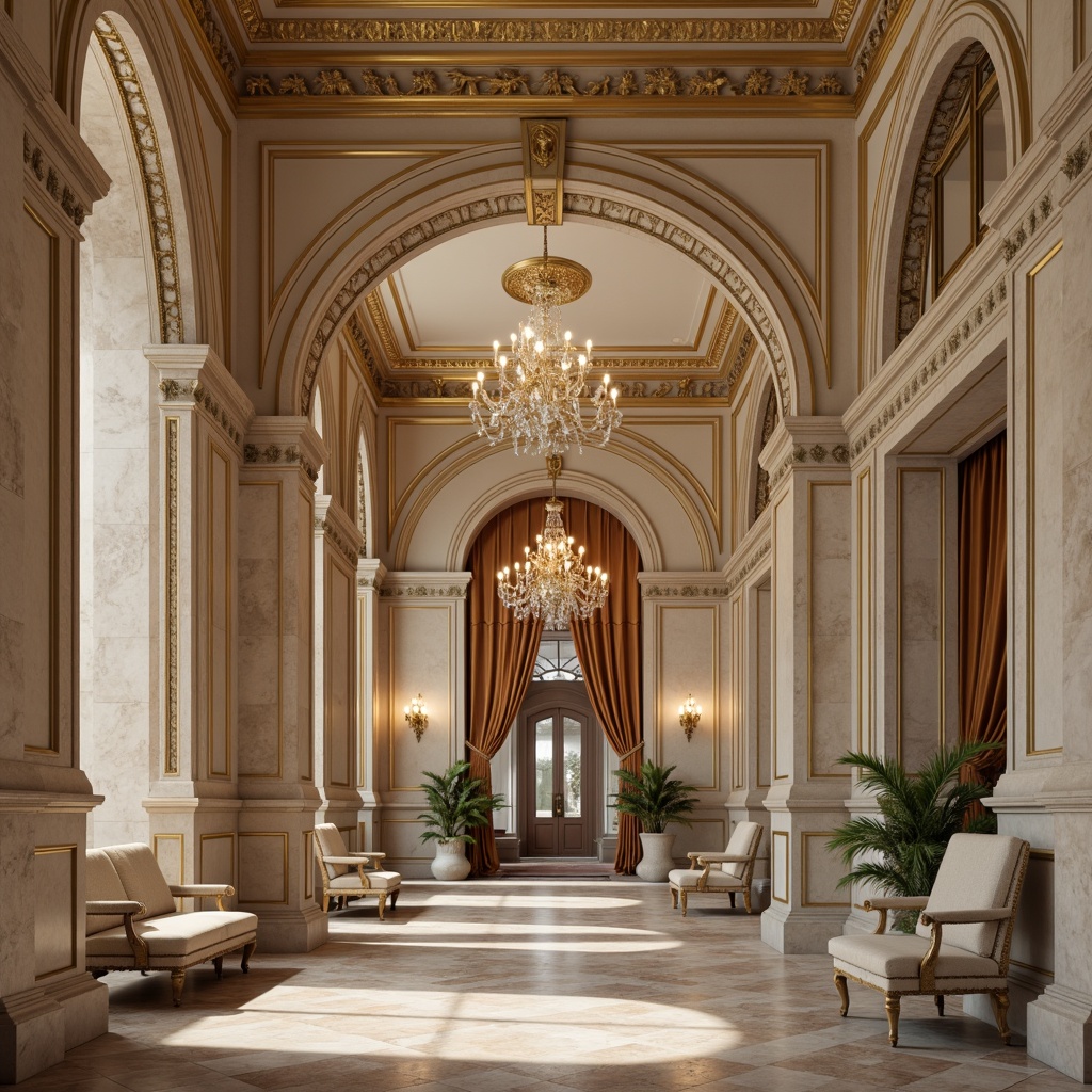 Prompt: Elegant neoclassical facade, ornate columns, carved marble details, rich wood paneling, intricate moldings, luxurious velvet fabrics, polished brass fixtures, crystal chandeliers, subtle beige tones, creamy whites, soft golden lighting, dramatic archways, symmetrical compositions, ornate mirrors, refined textures, realistic reflections, warm ambient occlusion.