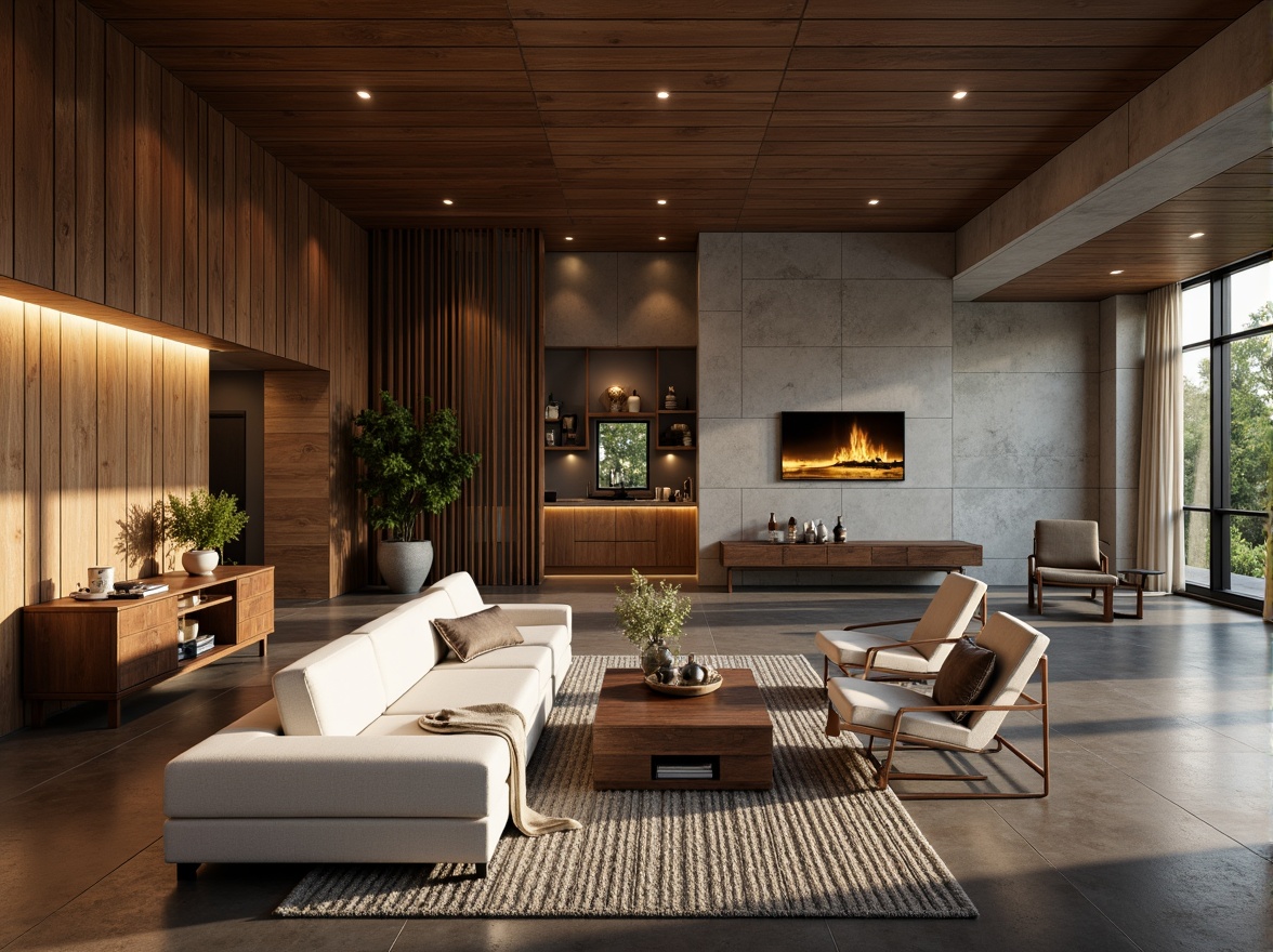 Prompt: Luxurious modern interior, rich wood grain textures, polished metal accents, soft velvet fabrics, natural stone walls, concrete floors, industrial chic decor, reclaimed wood furniture, minimalist color palette, warm ambient lighting, shallow depth of field, 1/2 composition, realistic reflections, subtle normal mapping, atmospheric fog effects.