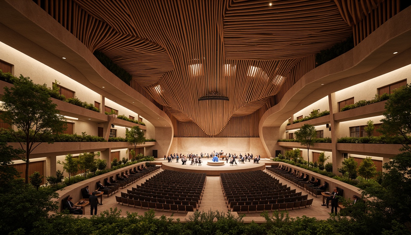 Prompt: Organic concert hall, undulating wooden waves, natural stone fa\u00e7ade, curved lines, flowing architecture, lush green roofs, verdant walls, floor-to-ceiling windows, warm ambient lighting, acoustic panels, sound-absorbing materials, intimate performance spaces, grand auditorium, dramatic stage design, soft focus spotlights, 1/2 composition, shallow depth of field, cinematic atmosphere, realistic textures, ambient occlusion.