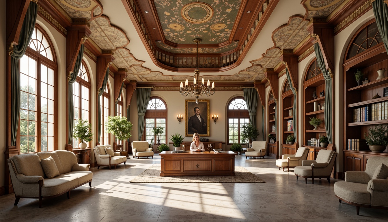 Prompt: Elegant office interior, sinuous lines, flowing curves, organic forms, ornate details, luxurious materials, rich wood tones, polished marble floors, intricate metalwork, stained glass windows, dramatic archways, high ceilings, spacious rooms, comfortable seating areas, warm ambient lighting, soft pastel colors, natural textiles, vintage furniture pieces, antique decorative items, refined color palette, sophisticated atmosphere, 1/2 composition, warm shallow depth of field, realistic reflections.