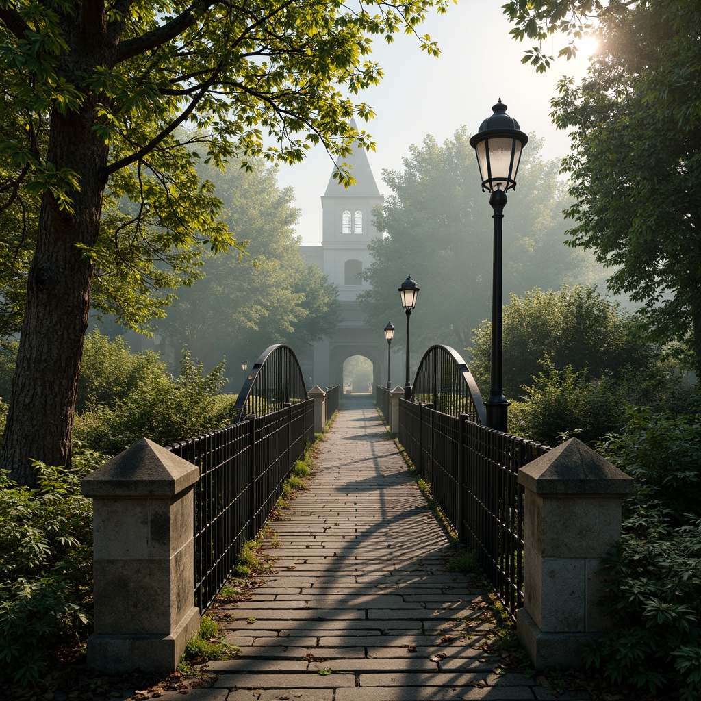 Prompt: Intricate ironwork bridges, ornate lamp posts, flowing organic lines, curved steel arches, decorative tracery patterns, verdant greenery, moss-covered stonework, rustic stone piers, soft warm lighting, misty atmospheric effects, 1/1 composition, low-angle shot, dramatic shadows, realistic metal textures, ambient occlusion.