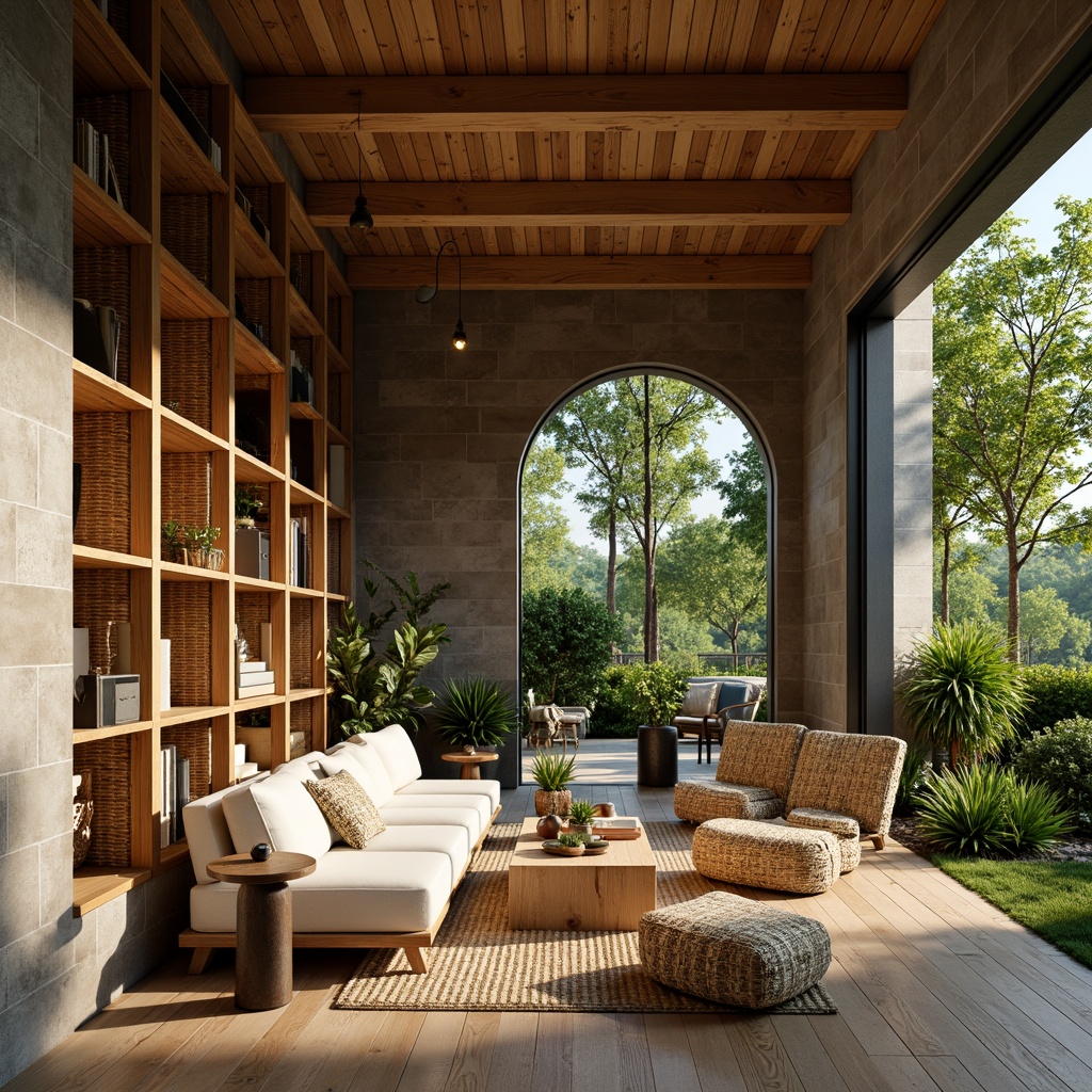 Prompt: Earth-toned interior, reclaimed wooden accents, natural stone walls, bamboo flooring, woven rattan furniture, organic shapes, earthy color palette, sustainable materials, energy-efficient systems, abundant greenery, living walls, floor-to-ceiling windows, warm ambient lighting, soft shadows, 1/2 composition, cozy atmosphere, realistic textures, subtle reflections.