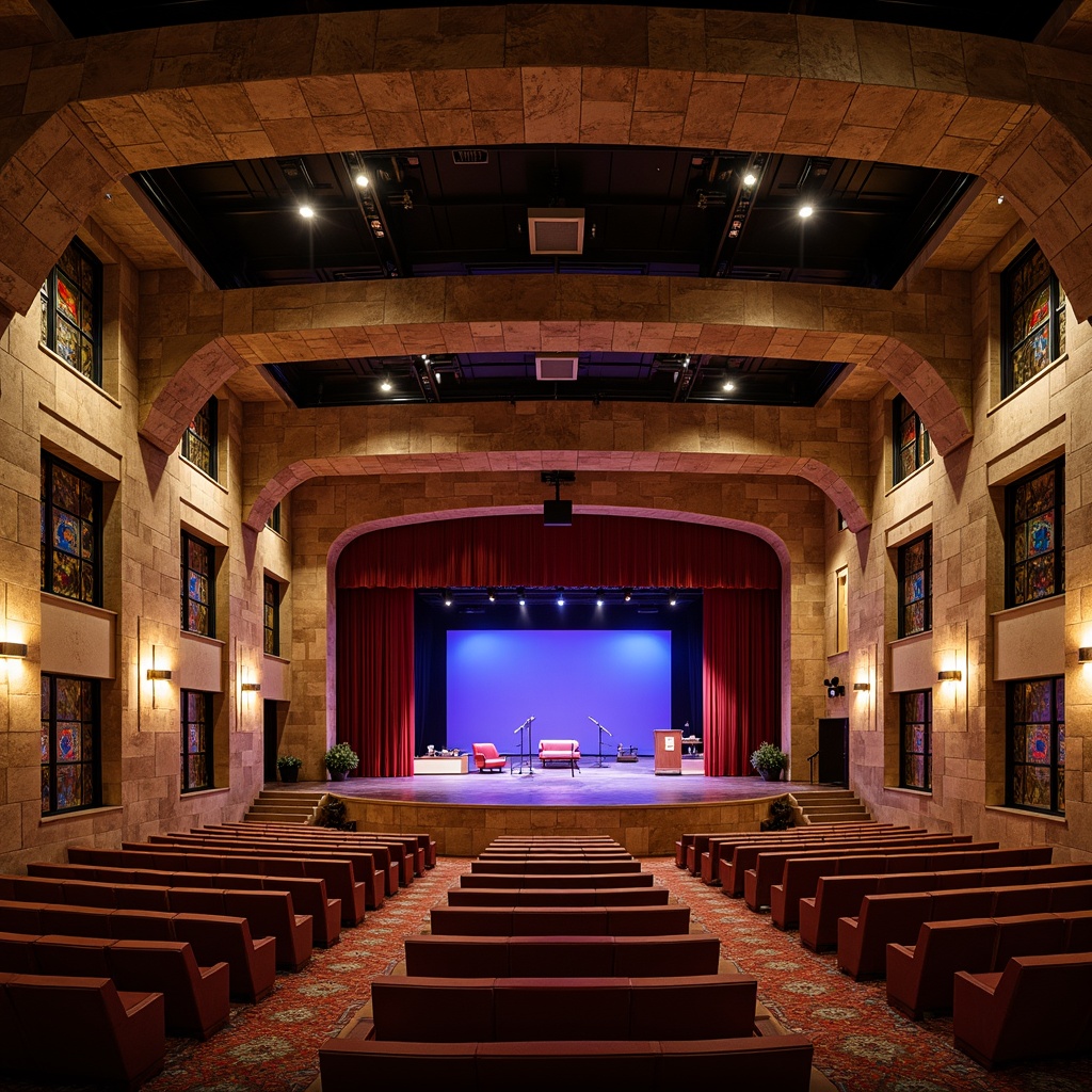 Prompt: Rustic performing arts center, earthy tones, natural stone walls, wooden accents, curved lines, grand entrance, ornate doors, stained glass windows, vibrant cultural patterns, intricate carvings, warm ambient lighting, cozy interior spaces, tiered seating, professional stage equipment, plush red velvet curtains, dramatic spotlights, 1/1 composition, soft focus, atmospheric perspective, realistic textures, subtle depth of field.