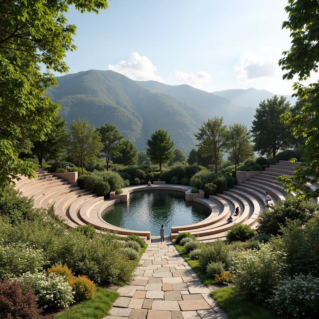 Prompt: Serene amphitheater landscape, lush green hills, tranquil water features, natural stone seating, wooden accents, curved lines, harmonious architecture, tiered levels, panoramic views, warm sunlight, soft shadows, 3/4 composition, realistic textures, ambient occlusion, vibrant flowers, blooming trees, gentle breeze, peaceful atmosphere.