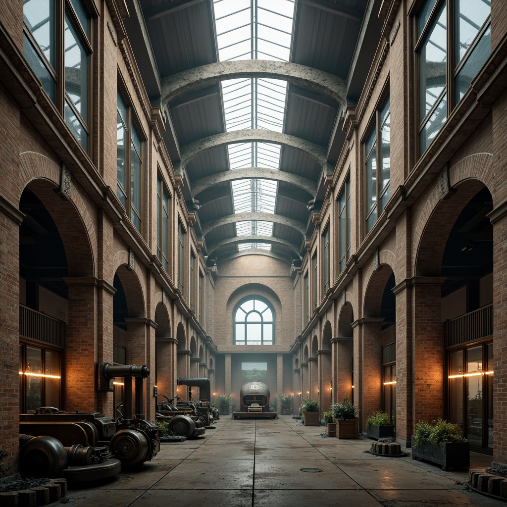 Prompt: Grand factory complex, neoclassical fa\u00e7ade, symmetrical composition, ornate cornices, imposing columns, rusticated stone walls, large arched windows, industrial heritage, vintage machinery, metallic textures, distressed brickwork, atmospheric mist, soft warm lighting, shallow depth of field, 1/1 composition, central axis symmetry, realistic reflections, ambient occlusion.