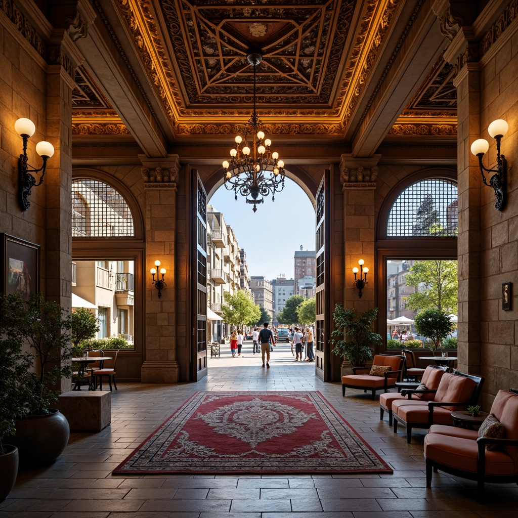 Prompt: Grand hotel entrance, ornate stone carvings, rustic brick facade, arched windows, medieval-inspired architecture, vibrant cityscape, bustling streets, urban landscape, eclectic mix of old and new buildings, rich textures, warm golden lighting, shallow depth of field, 3/4 composition, panoramic view, realistic textures, ambient occlusion, luxurious interior design, opulent furnishings, intricate ceiling patterns, ornate chandeliers, lavish fabrics, elegant color palette, sophisticated ambiance.