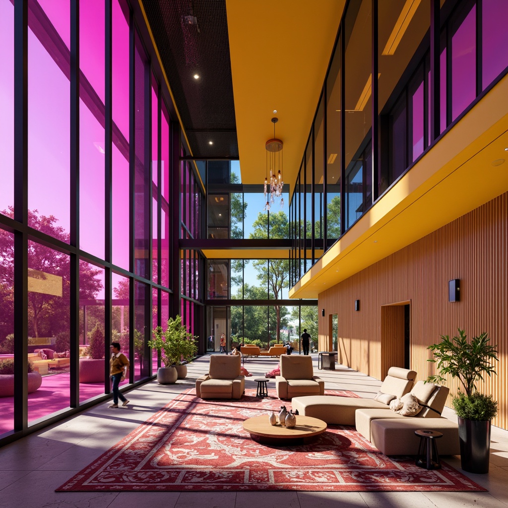 Prompt: Vibrant modern architecture, bold bright colors, sleek metallic accents, large glass windows, minimalist interior design, luxurious furniture pieces, rich wood textures, geometric patterned rugs, avant-garde art installations, futuristic lighting fixtures, dynamic shadows, high-contrast photography, 1/1 composition, shallow depth of field, realistic reflections, ambient occlusion.