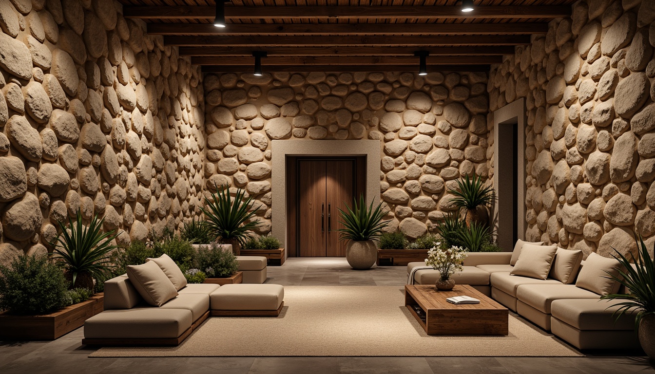 Prompt: Richly textured stone walls, earthy tones, organic forms, natural materials, reclaimed wood accents, industrial metal beams, exposed brick, rustic wooden furniture, warm ambient lighting, cozy atmosphere, inviting spaces, tactile experiences, sensory engagement, 3D visual interest, abstract composition, soft focus, shallow depth of field.