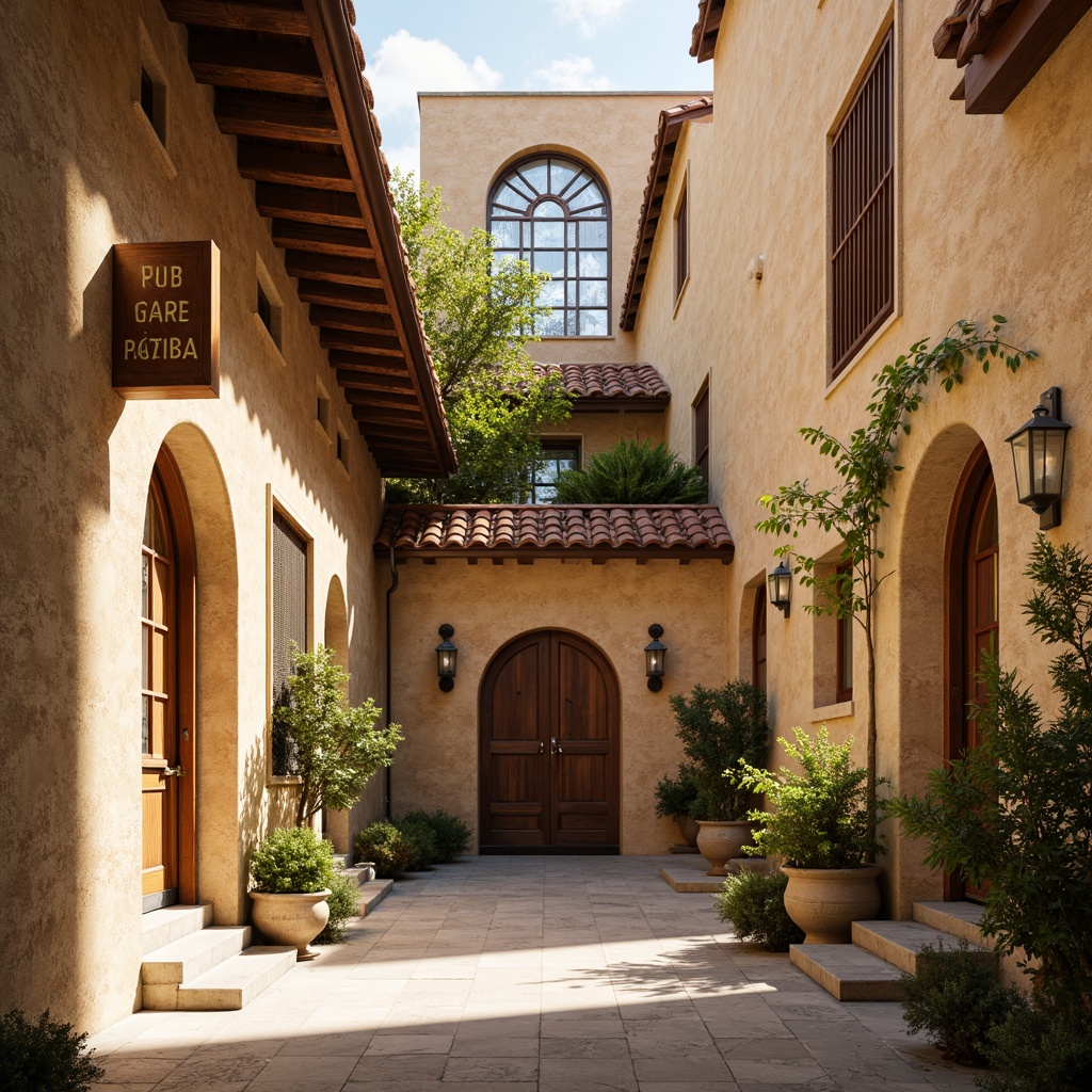 Prompt: Warm beige stone walls, rustic terracotta roofs, earthy brown wooden doors, vibrant green foliage, ornate golden decorations, intricate marble carvings, soft cream-colored arches, grandiose vaulted ceilings, stained glass windows, warm afternoon sunlight, shallow depth of field, 1/1 composition, symmetrical framing, realistic textures, ambient occlusion.