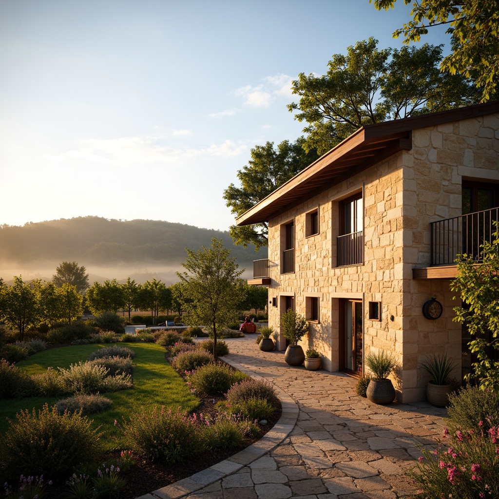 Prompt: Rustic winery building, earthy tones, warm beige stonework, rich wood accents, aged brick facades, verdant vineyards, rolling hills, sunny afternoon, soft golden lighting, gentle mist, 3/4 composition, intimate scale, natural materials, distressed textures, ambient occlusion.