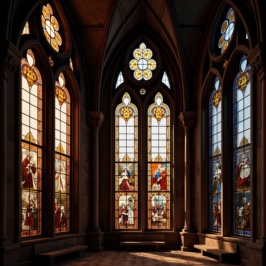 Prompt: Vibrant stained glass windows, warm colored light transmission, ornate metal frames, delicate floral patterns, rich jewel tones, subtle color gradations, soft diffused illumination, intricate glass textures, Gothic-inspired architecture, historic church settings, serene ambiance, dramatic shadows, low-key lighting, 1/1 composition, realistic reflections, ambient occlusion.