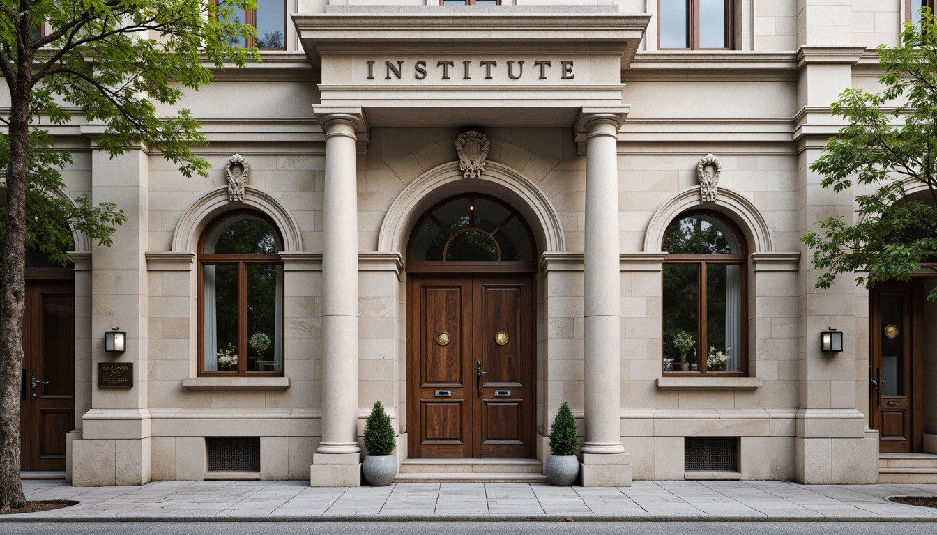 Prompt: Institute building facade, neoclassical architecture, ornate details, stone carvings, grand entrance, symmetrical composition, imposing columns, arched windows, rusticated base, neutral color palette, subtle texture variations, natural stone cladding, elegant proportions, sophisticated detailing, historic references, intellectual ambiance, soft morning light, shallow depth of field, 2/3 composition, realistic rendering.