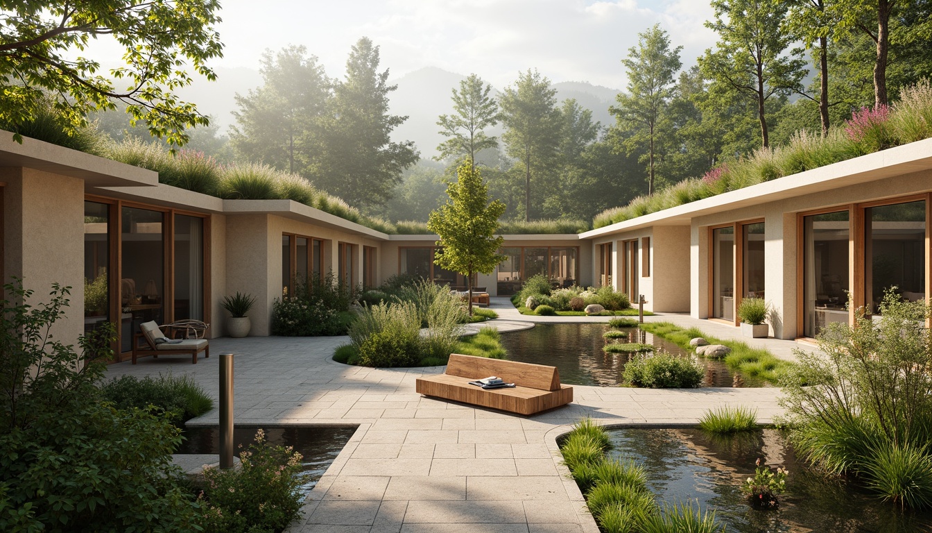 Prompt: Soothing healthcare facility, lush green roofs, natural stone walls, serene water features, vibrant flower gardens, healing courtyards, wooden benches, gentle walking paths, modern minimalist architecture, large glass windows, sliding doors, abundant natural light, warm beige tones, calming color schemes, shallow depth of field, 1/1 composition, realistic textures, ambient occlusion, peaceful forest surroundings, misty morning atmosphere, soft warm lighting.