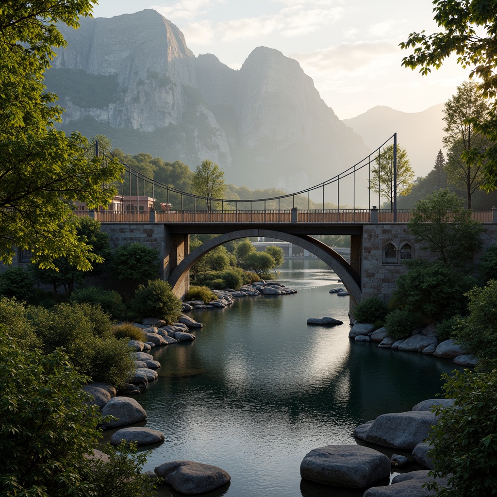 Prompt: Scenic bridge, harmonious landscape integration, gentle water flow, lush greenery, natural stone abutments, wooden railings, steel arches, modern suspension design, majestic mountainous backdrop, misty atmosphere, warm sunset lighting, shallow depth of field, 2/3 composition, panoramic view, realistic textures, ambient occlusion.