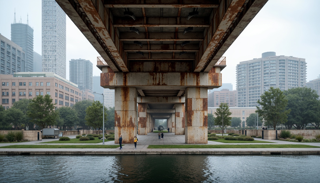 Prompt: Weathered steel bridges, rustic metal beams, warm beige concrete, earthy brown stone piers, misty blue water reflections, soft greenery surroundings, urban cityscape backgrounds, modern architectural lines, sleek cable suspensions, sturdy pillar supports, vibrant orange safety railings, subtle gradient sky transitions, 1/2 composition, atmospheric perspective, realistic rust textures, ambient occlusion.