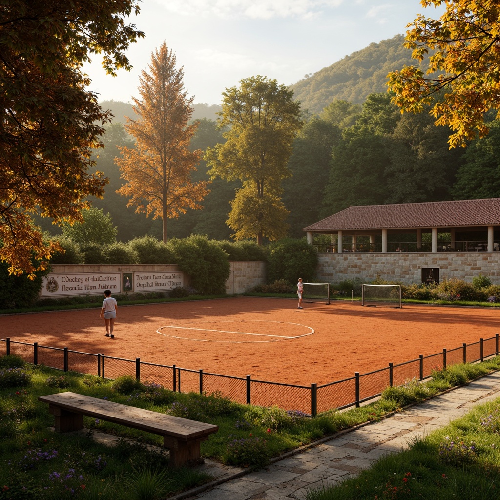 Prompt: Renaissance-inspired sports fields, warm earthy tones, terracotta red clay tracks, lush emerald green grass, weathered stone walls, ornate metal fencing, vintage wooden benches, distressed leather equipment, classic typography signage, soft warm lighting, golden hour ambiance, shallow depth of field, 1/1 composition, symmetrical framing, realistic textures, ambient occlusion.