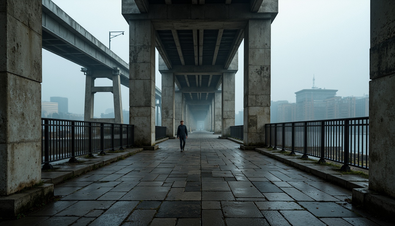 Prompt: Rugged pedestrian bridge, brutalist architecture, exposed concrete structures, industrial metal railings, bold geometric shapes, stark urban landscape, overcast sky, dramatic lighting, deep shadows, high contrast, abstract composition, cinematic mood, atmospheric fog, misty ambiance, rough stone pavers, weathered steel beams, robust pillars, monolithic forms, graphic patterns, textured surfaces, imposing scale, dynamic motion blur.