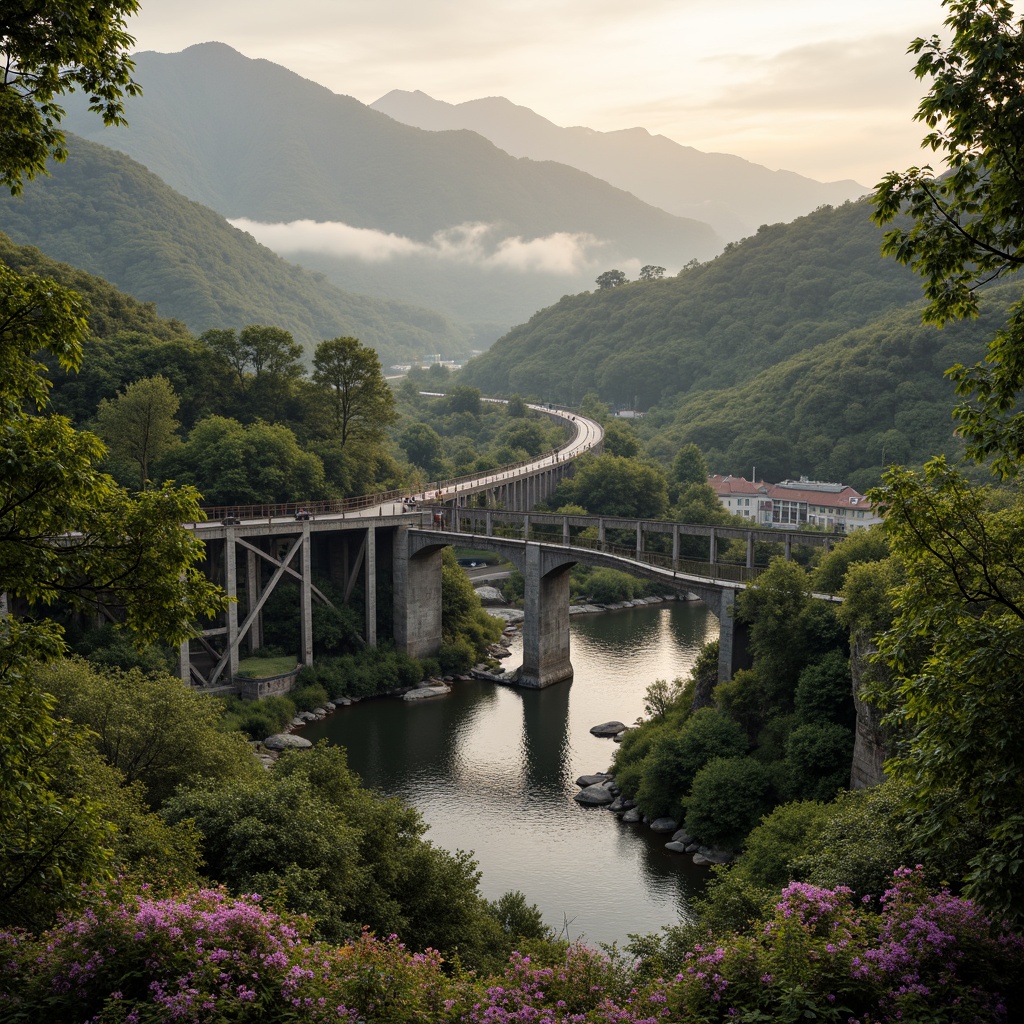 Prompt: Mountainous terrain, winding roads, steel arch bridge, rustic stone piers, lush greenery, vibrant flowers, meandering rivers, serene water reflections, misty atmosphere, warm golden lighting, shallow depth of field, 3/4 composition, panoramic view, realistic textures, ambient occlusion, integrated pedestrian walkways, scenic overlooks, native plant species, natural rock formations, weathered wooden railings.