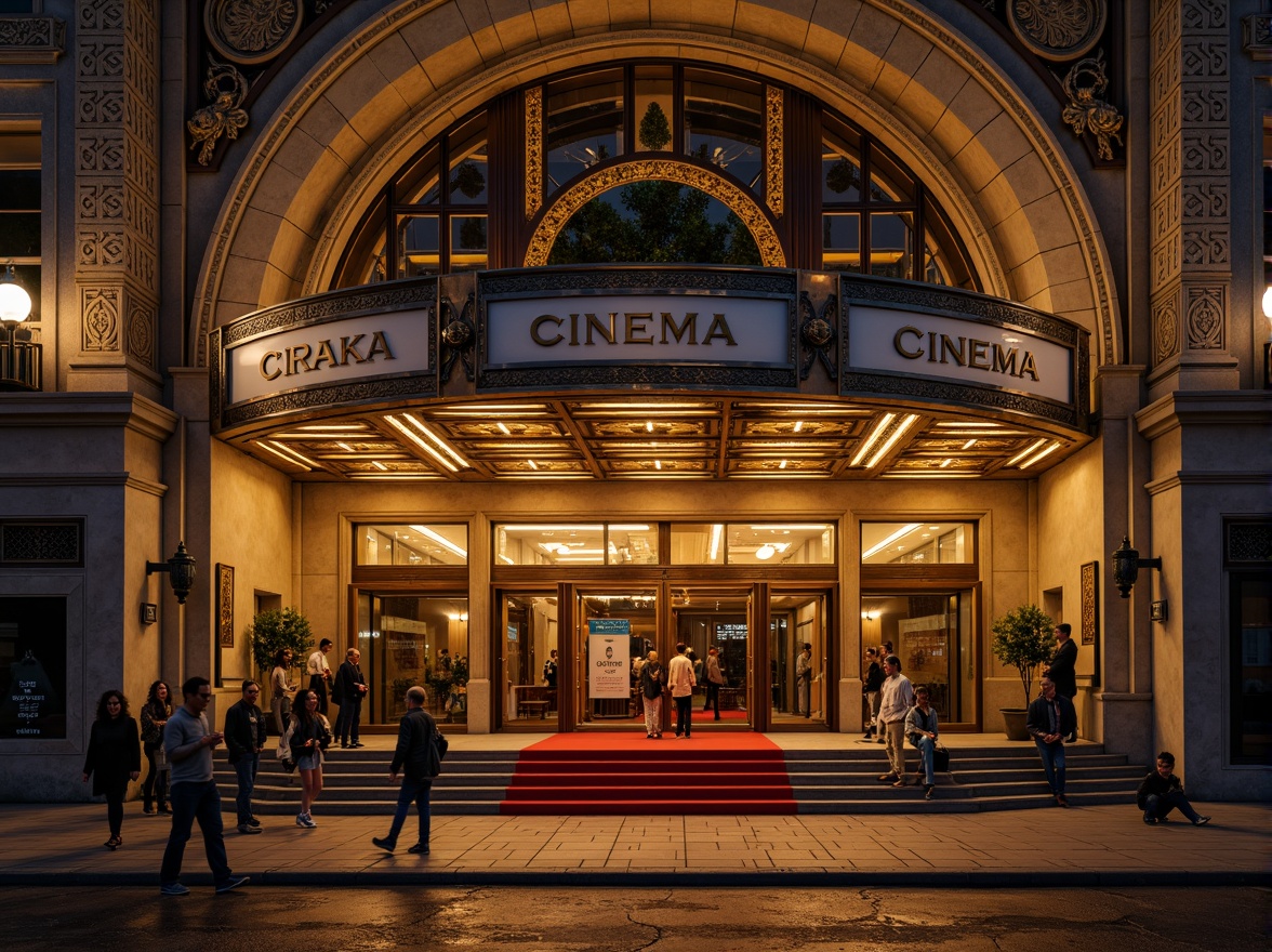 Prompt: Ornate cinema facade, Romanesque arches, intricate stone carvings, grand entrance doors, ornamental metalwork, vintage signage, warm golden lighting, soft focus, shallow depth of field, 1/1 composition, symmetrical framing, rich textures, ambient occlusion, historic building preservation, nostalgic atmosphere, old-world charm, dramatic cinematic flair, red carpet premiere, paparazzi flashes, glamorous movie stars.