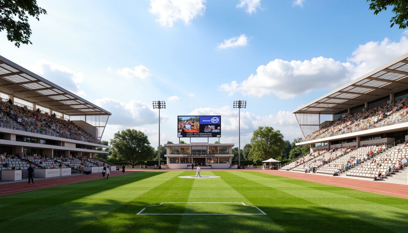 Prompt: Grandstand seating, athletic track, lush green grass, sports floodlights, scoreboard displays, spectator stands, VIP boxes, concession stalls, entrance gates, ticket counters, modern architecture, curved lines, sleek steel structures, transparent roofs, open-air design, natural ventilation, warm sunny day, soft diffused lighting, shallow depth of field, 3/4 composition, panoramic view, realistic textures, ambient occlusion.