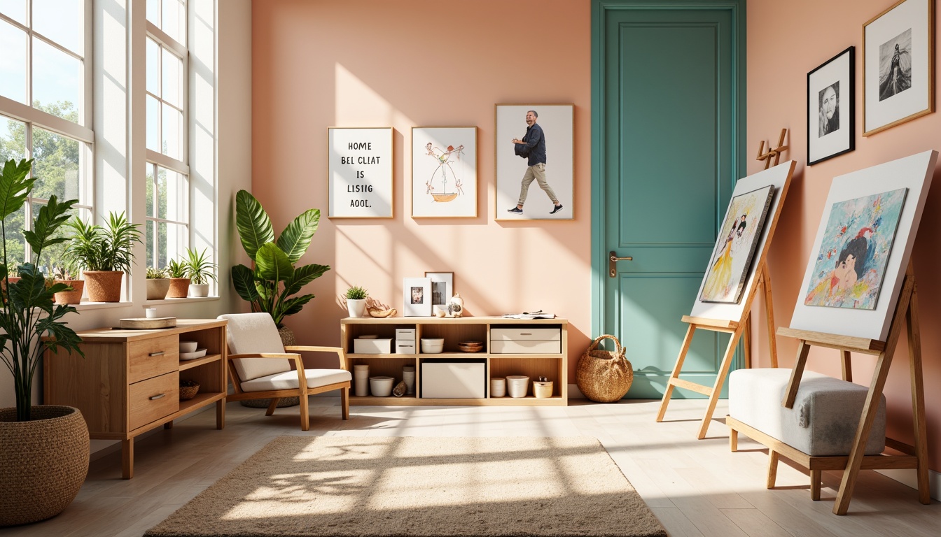 Prompt: Vibrant art studio, natural light pouring in, pastel color scheme, soft peach walls, calming turquoise accents, creamy white furniture, wooden easels, artistic supplies scattered, inspirational quotes, minimal ornamentation, cozy atmosphere, warm beige rug, abstract artwork, gentle shadows, subtle texture overlay, 1/2 composition, soft focus blur.