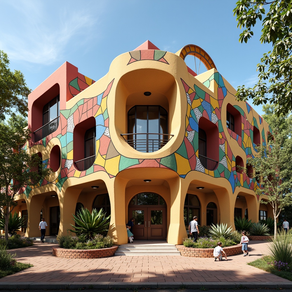 Prompt: Vibrant school facade, irregular shapes, bold colors, dynamic patterns, abstract murals, sculptural elements, playful ornate details, expressive Art Nouveau influences, sinuous lines, flowing curves, organic forms, intricate stonework, rich textures, warm earthy tones, Mediterranean-inspired ceramics, eclectic mix of materials, oversized windows, curved doorways, whimsical rooflines, dramatic shadows, soft warm lighting, 1/1 composition, realistic rendering, ambient occlusion.