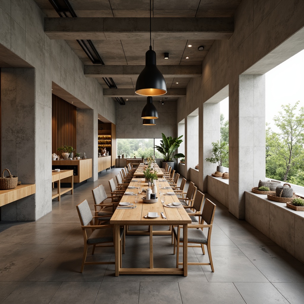 Prompt: Minimalist dining hall, industrial-style lighting fixtures, exposed concrete walls, raw wood tables, geometric-shaped chairs, stainless steel utensils, functional decorative elements, earthy color palette, natural textiles, woven baskets, organic shapes, airy atmosphere, soft diffused light, 1/1 composition, realistic render, subtle ambient occlusion.