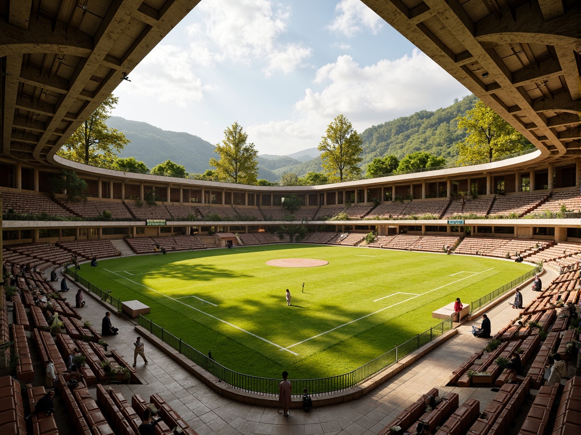 Prompt: Renaissance-style sports field, lush green grass, weathered stone walls, rustic wooden bleachers, vintage metal railings, distressed leather benches, ornate iron fences, natural earthy tones, warm golden lighting, shallow depth of field, 3/4 composition, panoramic view, realistic textures, ambient occlusion, detailed stone carvings, intricate tile patterns, classic athletic equipment, nostalgic scoreboard, old-world charm, romantic European flair.