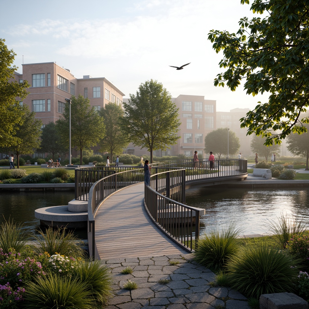 Prompt: Curved pedestrian bridge, modern steel structure, sleek railings, wooden decking, lush greenery, vibrant flowers, natural stone foundations, scenic river views, tranquil water reflections, misty morning atmosphere, soft warm lighting, shallow depth of field, 3/4 composition, panoramic view, realistic textures, ambient occlusion, integrated urban planning, accessible walkways, bike-friendly infrastructure, public art installations, interactive exhibits, dynamic LED light displays.