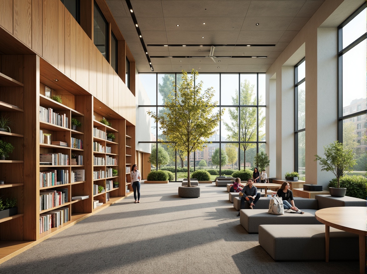 Prompt: Modern library interior, abundant natural light, minimalist decor, sleek wooden shelves, reclaimed wood accents, eco-friendly carpets, energy-efficient lighting, floor-to-ceiling windows, green roofs, solar panels, recycled paper walls, bamboo flooring, low-VOC paints, FSC-certified furniture, ergonomic reading areas, quiet study zones, collaborative workspaces, digital media labs, 3D printing stations, soft warm lighting, shallow depth of field, 1/2 composition, realistic textures, ambient occlusion.