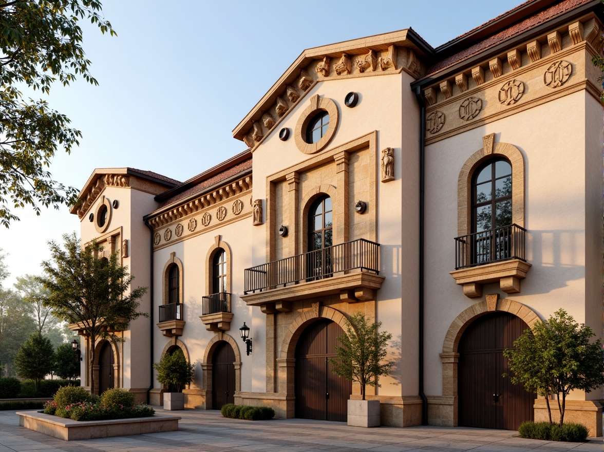 Prompt: Ornate distribution center facade, Renaissance-style architecture, intricately carved stone walls, ornamental cornices, grand arched entrances, rusticated quoins, symmetrical composition, warm beige stonework, red-tiled roofs, decorative balconies, classical columns, sculpted figurines, subtle shadowing, soft warm lighting, 1/1 composition, shallow depth of field, realistic textures, ambient occlusion.