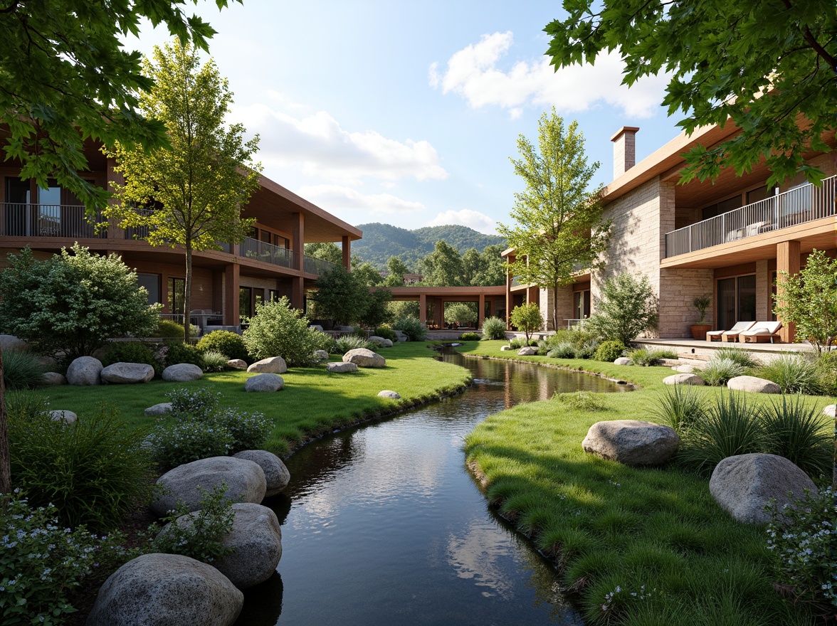 Prompt: Harmonious landscape integration, blending modern architecture with lush greenery, native plants, winding water features, natural stone walls, curved lines, organic forms, cantilevered roofs, overhanging eaves, wooden accents, earthy tones, seamless transitions, scenic vistas, panoramic views, soft warm lighting, ambient occlusion, realistic textures, 3/4 composition, shallow depth of field.