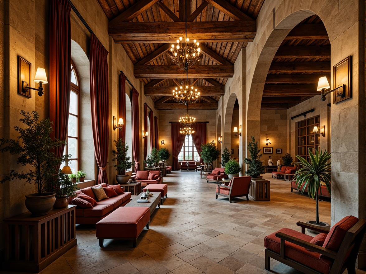 Prompt: Luxurious hotel lobby, richly ornamented walls, textured stone surfaces, rustic wooden accents, grand archways, vaulted ceilings, intricate carvings, warm golden lighting, plush furnishings, velvet drapes, ornate metalwork, ancient-inspired patterns, earthy color palette, natural materials, Romanesque columns, medieval-style chandeliers, regal atmosphere, soft focus, shallow depth of field, 2/3 composition, warm ambient occlusion.