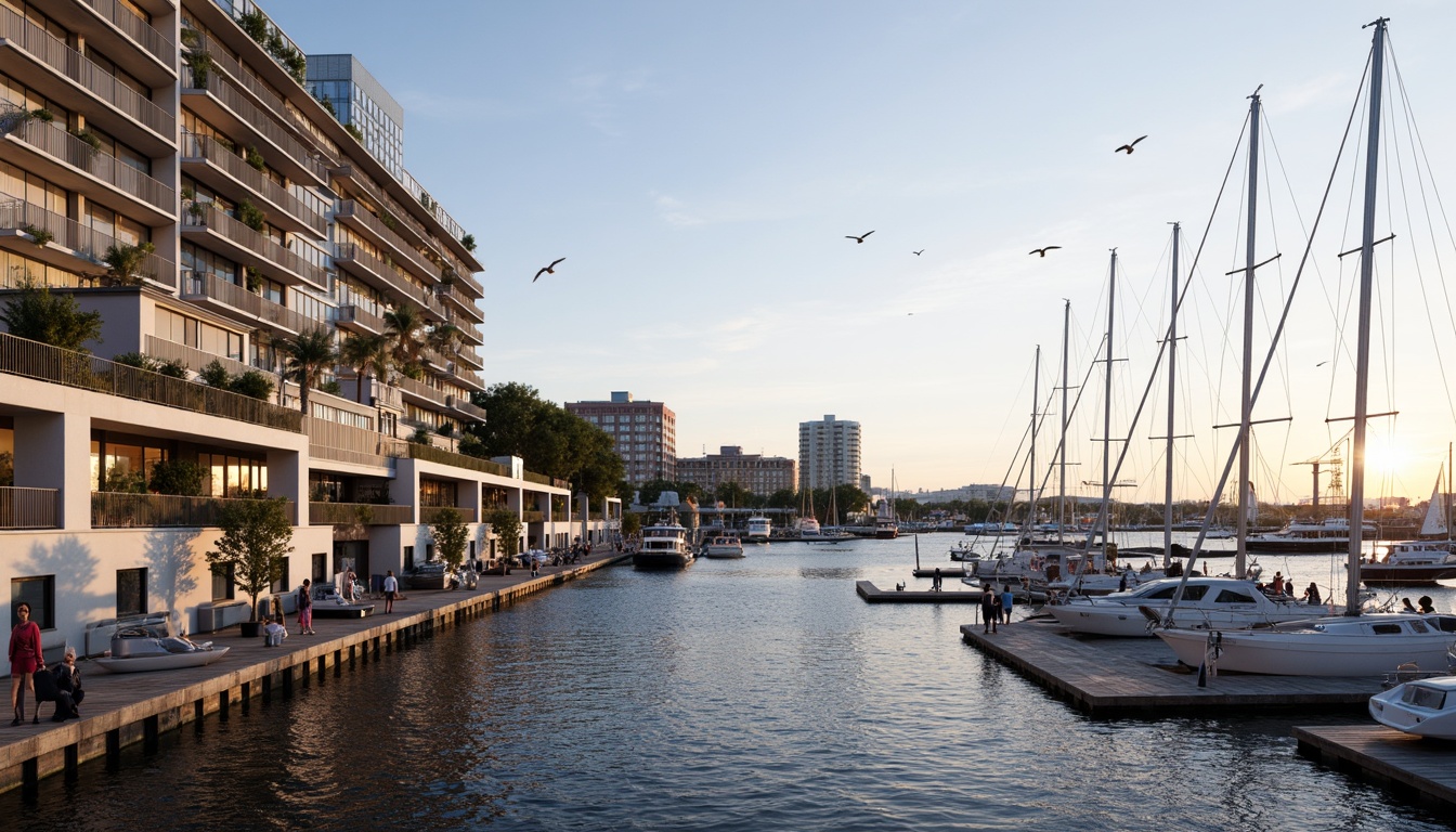 Prompt: Vibrant waterfront, bustling harbor, sailing boats, seagulls flying, ocean views, modern maritime architecture, glass facades, steel frames, wooden docks, nautical ropes, sail-inspired structures, wave-like balconies, sea-breeze ventilation, natural light reflection, rippling water effects, shallow depth of field, 1/2 composition, panoramic view, realistic textures, ambient occlusion, sunset warm lighting.