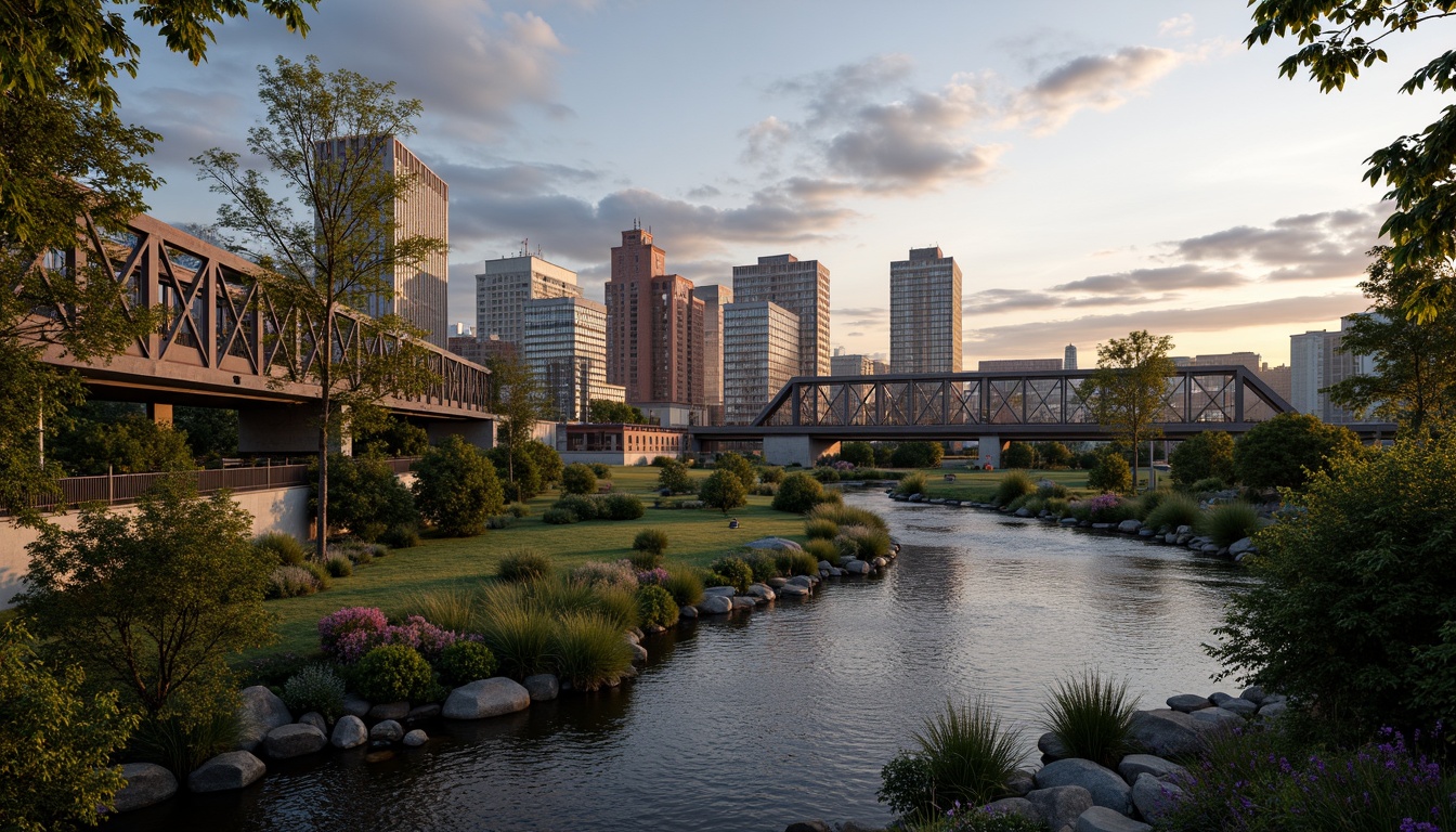 Prompt: Serene urban landscape, steel bridge structures, gentle river flow, lush greenery, vibrant flowers, warm sunset, soft warm lighting, shallow depth of field, 3/4 composition, panoramic view, realistic textures, ambient occlusion, calming blue hues, soothing grey tones, earthy brown shades, natural stone textures, industrial metal materials, modern architectural design, sleek lines, minimalist aesthetic.