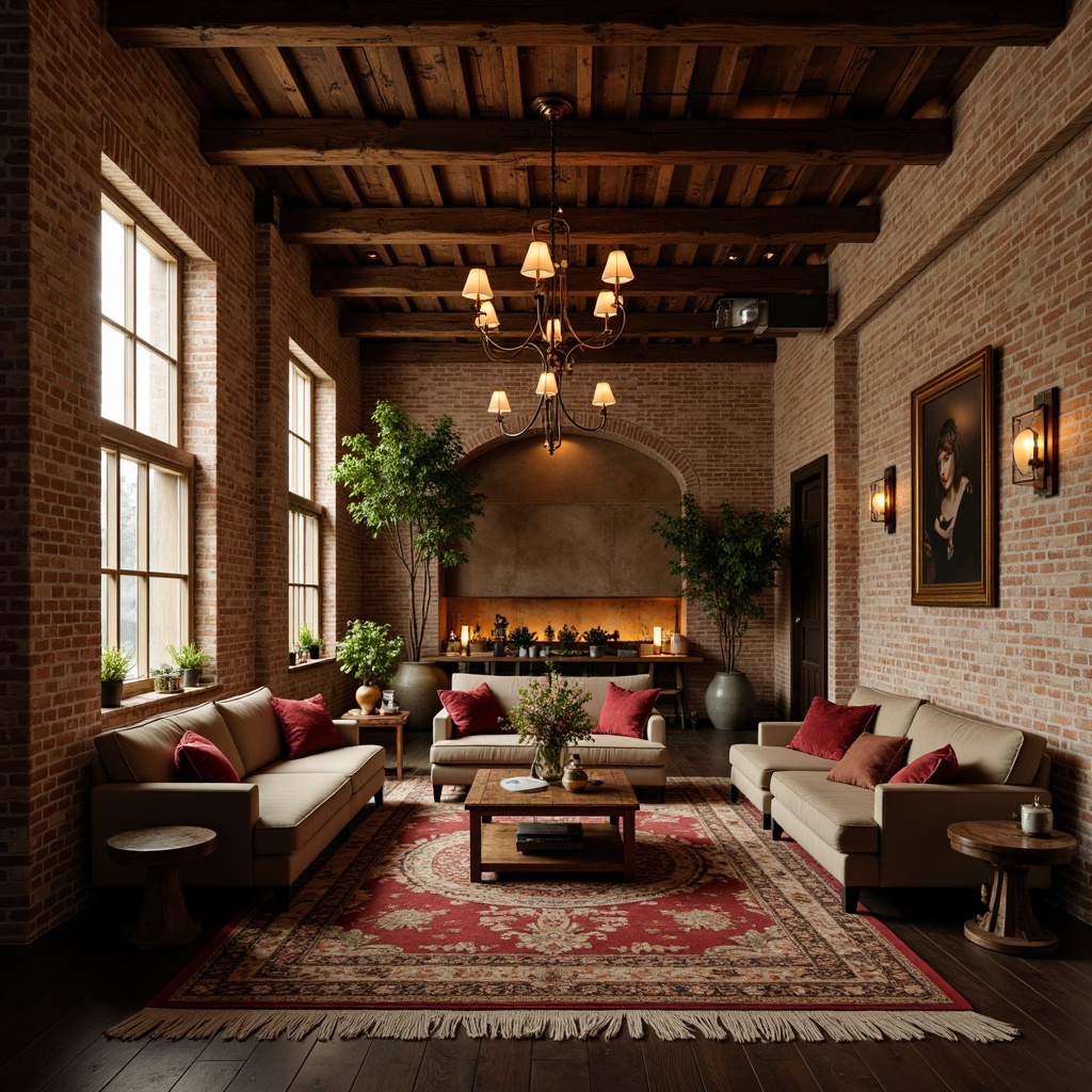 Prompt: Exposed brick walls, distressed wooden beams, rustic metal accents, soft warm lighting, cozy atmospheric ambiance, plush velvet fabrics, richly patterned rugs, ornate antique furnishings, vintage decorative accessories, romantic candlelit settings, intimate seating areas, earthy natural color palette, rough-hewn stone features, reclaimed wood elements, industrial chic aesthetic, urban loft atmosphere, dramatic high ceilings, expansive open spaces, minimalist decor, subtle texture contrasts, warm beige tones, soft focus photography, 1/2 composition, shallow depth of field.