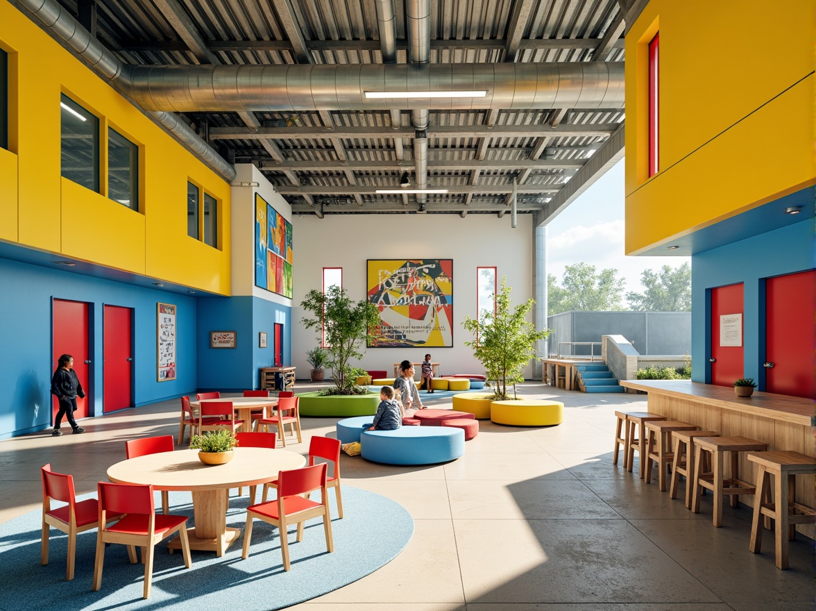 Prompt: Vibrant elementary school, bold geometric shapes, primary colors, bright yellow walls, blue accents, red doors, green roofs, industrial materials, exposed ductwork, minimalist decor, functional furniture, collaborative learning spaces, natural light, open floor plans, flexible seating arrangements, playful typography, educational graphics, abstract art pieces, modern architecture, urban surroundings, sunny day, high contrast lighting, 1/1 composition, shallow depth of field.