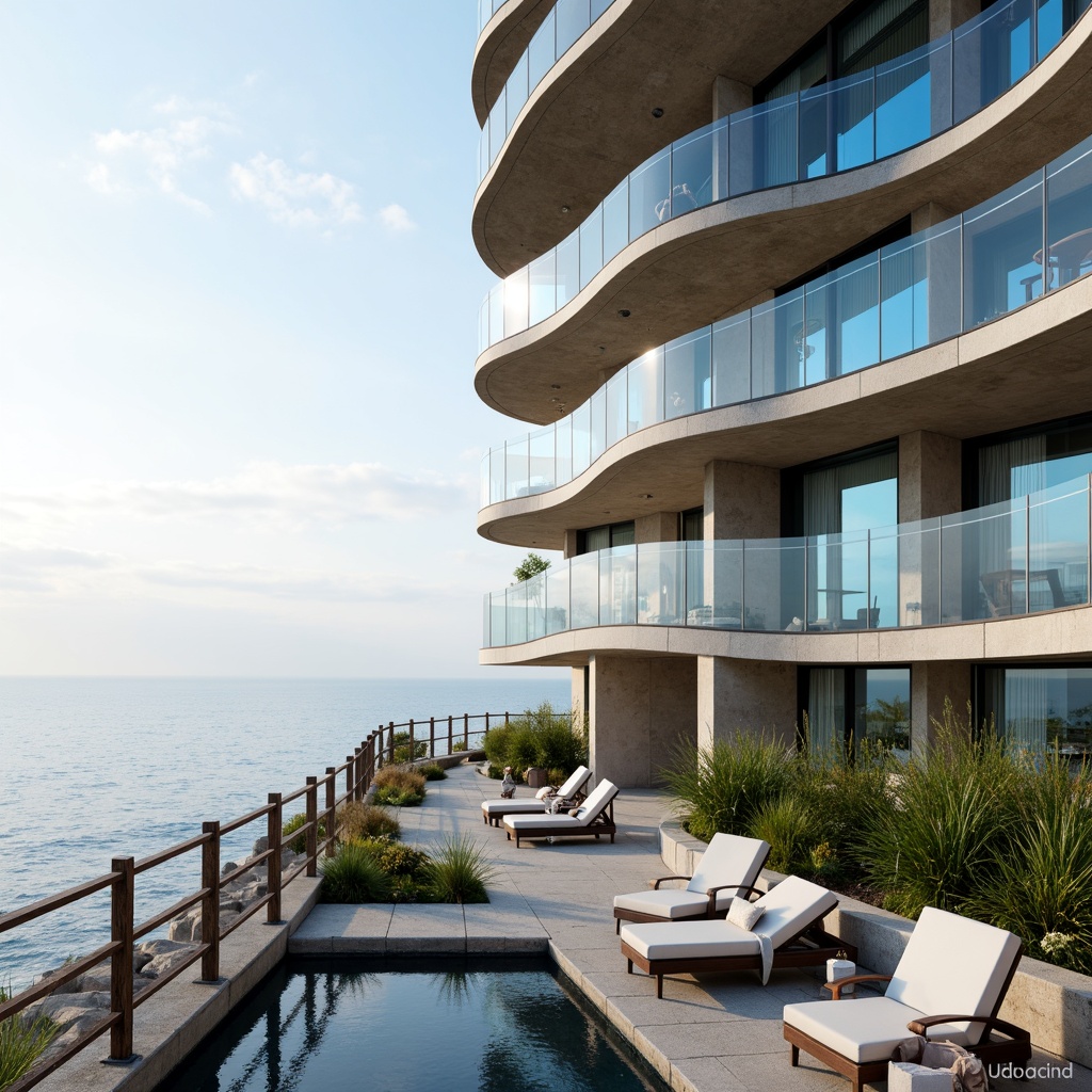 Prompt: Oceanfront coastal apartments, undulating wave-inspired facade, iridescent glass balconies, anodized aluminum cladding, cantilevered floor plates, ocean-blue accents, sandy beige stucco walls, nautical rope railings, driftwood furniture, sea-salt air, soft misty morning light, 1/2 composition, shallow depth of field, subtle gradient effects, realistic water reflections, ambient occlusion.