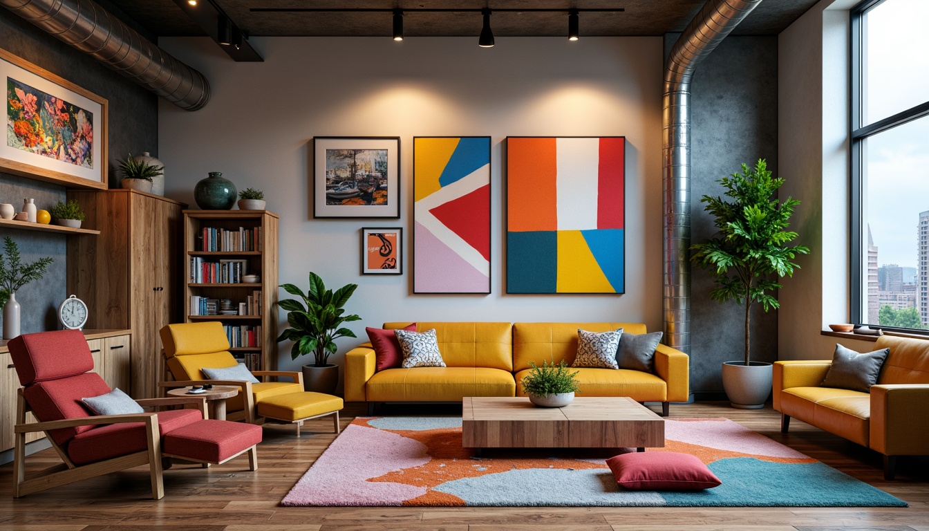 Prompt: Vibrant artistic studio, eclectic furniture, bold color blocks, abstract artwork, natural wood accents, industrial metal fixtures, trendy textiles, minimalist decor, urban cityscape, cloudy day, soft warm lighting, shallow depth of field, 1/1 composition, realistic textures, ambient occlusion.