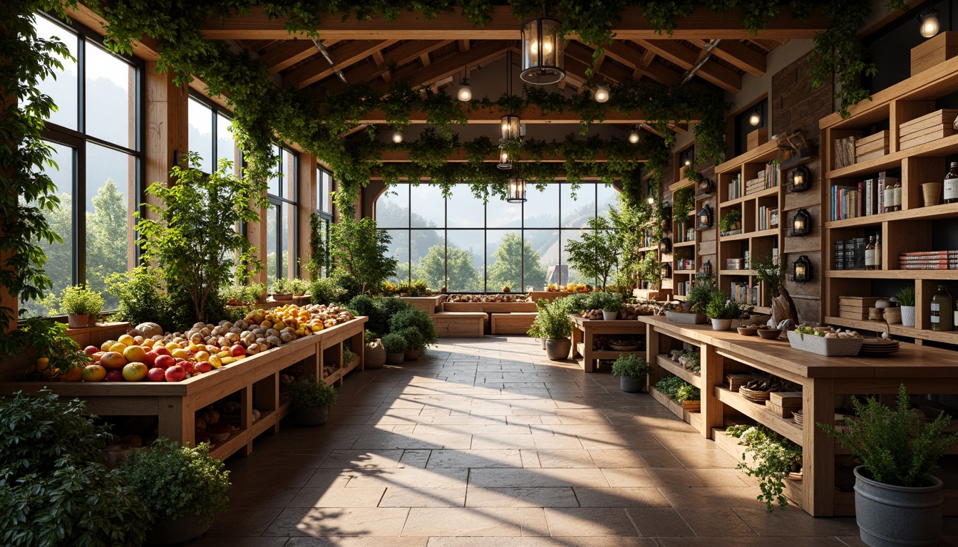 Prompt: Mountainous grocery store interior, rustic wooden shelves, earthy tone color scheme, natural stone flooring, abundant greenery, hanging vines, wooden crates, vintage metal lanterns, cozy reading nooks, warm soft lighting, shallow depth of field, 3/4 composition, realistic textures, ambient occlusion, misty mountain views, outdoor seating areas, fire pit gathering spaces, eco-friendly materials, sustainable energy solutions, reclaimed wood accents, organic produce displays.