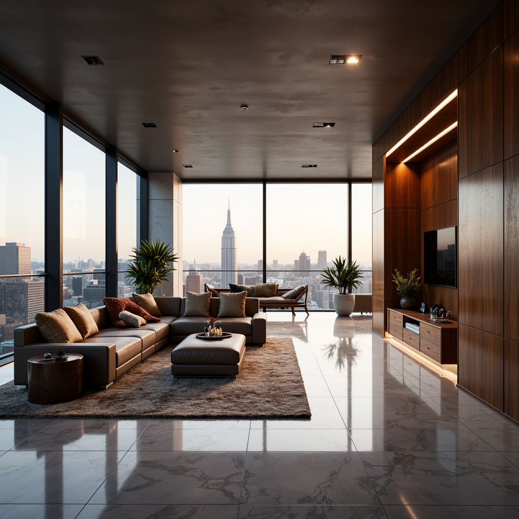 Prompt: Luxurious penthouse interior, polished marble floors, rich wood accents, metallic sheen, velvety sofas, plush area rugs, floor-to-ceiling windows, breathtaking city views, modern minimalist decor, sleek low-profile furniture, ambient LED lighting, soft warm glow, shallow depth of field, 1/1 composition, realistic reflections, detailed normal maps.