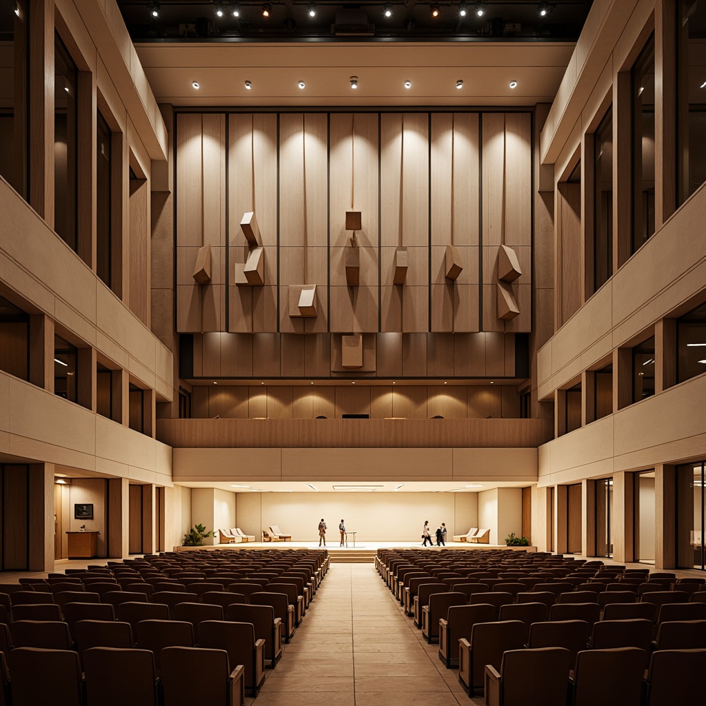 Prompt: Grand auditorium, high ceilings, natural light flooding, floor-to-ceiling windows, minimal ornamentation, sleek modern lines, polished wooden floors, comfortable seating arrangements, subtle color palette, soft warm lighting, gentle shadows, 1/1 composition, symmetrical layout, realistic textures, ambient occlusion, dramatic spotlights, suspended acoustic panels, minimalist stage design, natural stone walls, elegant entranceways, inviting atmosphere.