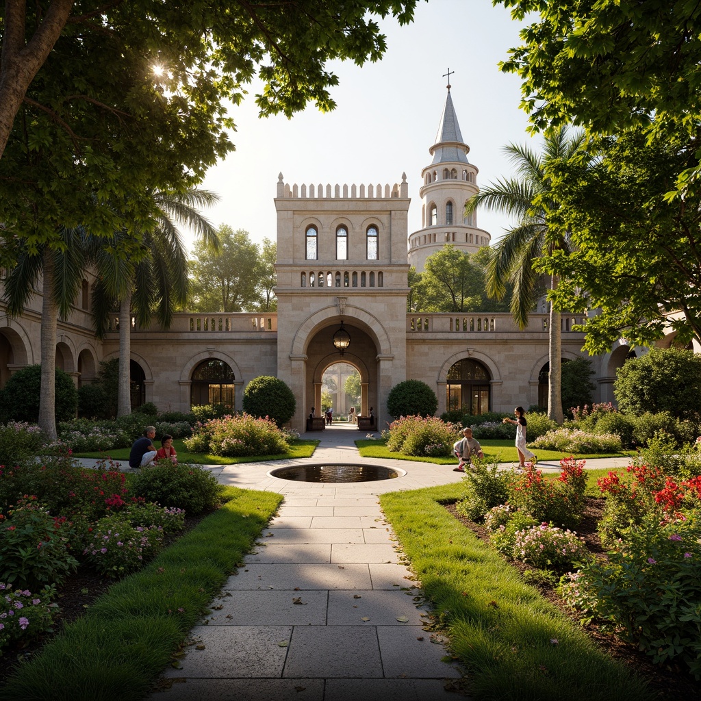 Prompt: Majestic park, lush greenery, vibrant flowers, meandering walkways, historic Gothic arches, intricate stone carvings, ornate metalwork, grand entrance gates, serene water features, dramatic lighting effects, warm golden hour, shallow depth of field, 1/2 composition, symmetrical framing, realistic textures, ambient occlusion.