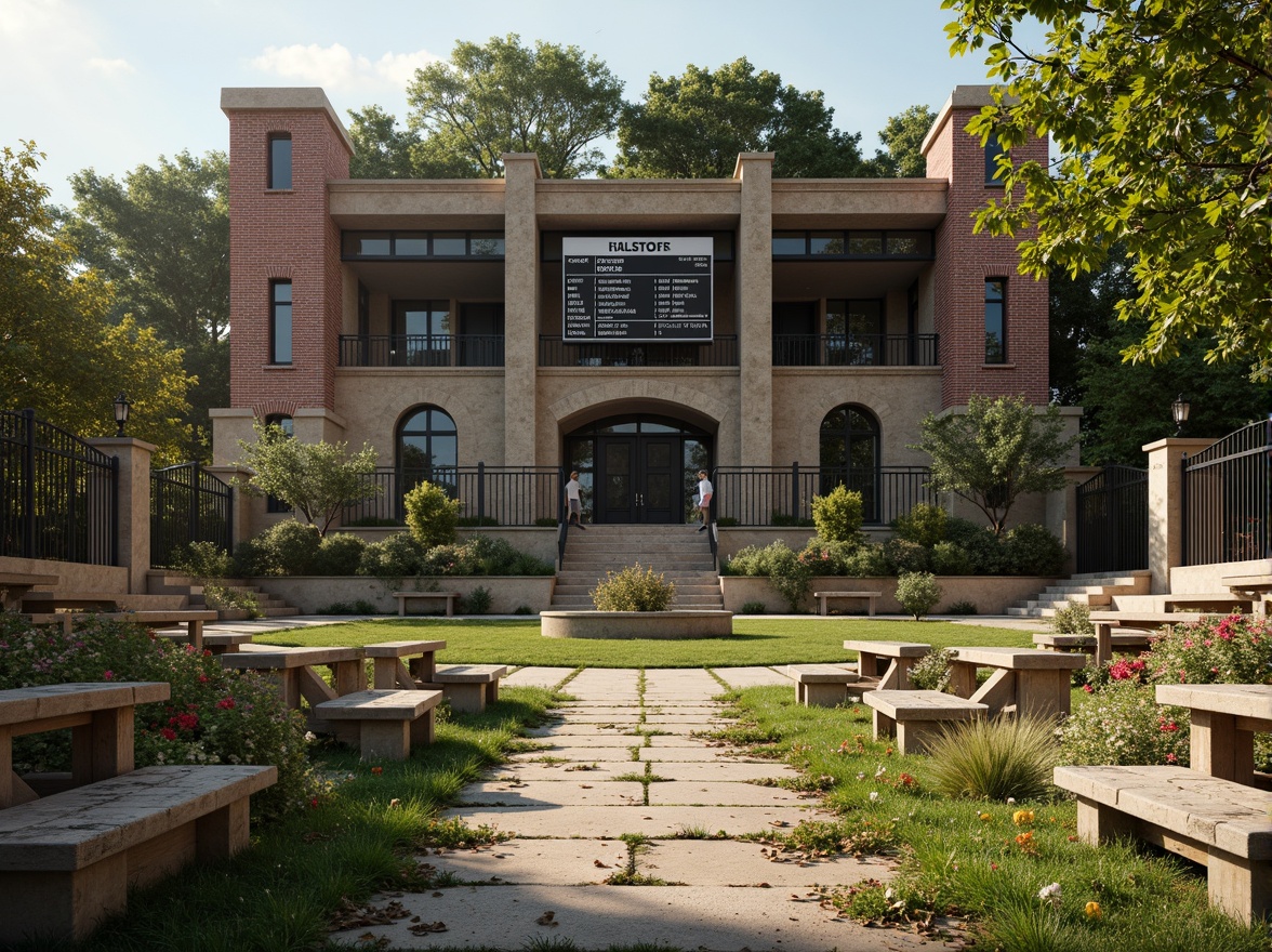 Prompt: Rustic stone walls, distressed wood bleachers, lush green grass, worn athletic tracks, vintage metal fencing, ornate iron gates, classic brick buildings, archaic columns, grandstand seating, majestic scoreboard, warm natural lighting, soft afternoon sun, shallow depth of field, 2/3 composition, symmetrical architecture, earthy color palette, weathered stone pathways, aged wooden benches, nostalgic sports equipment, historic scoreboard typography.